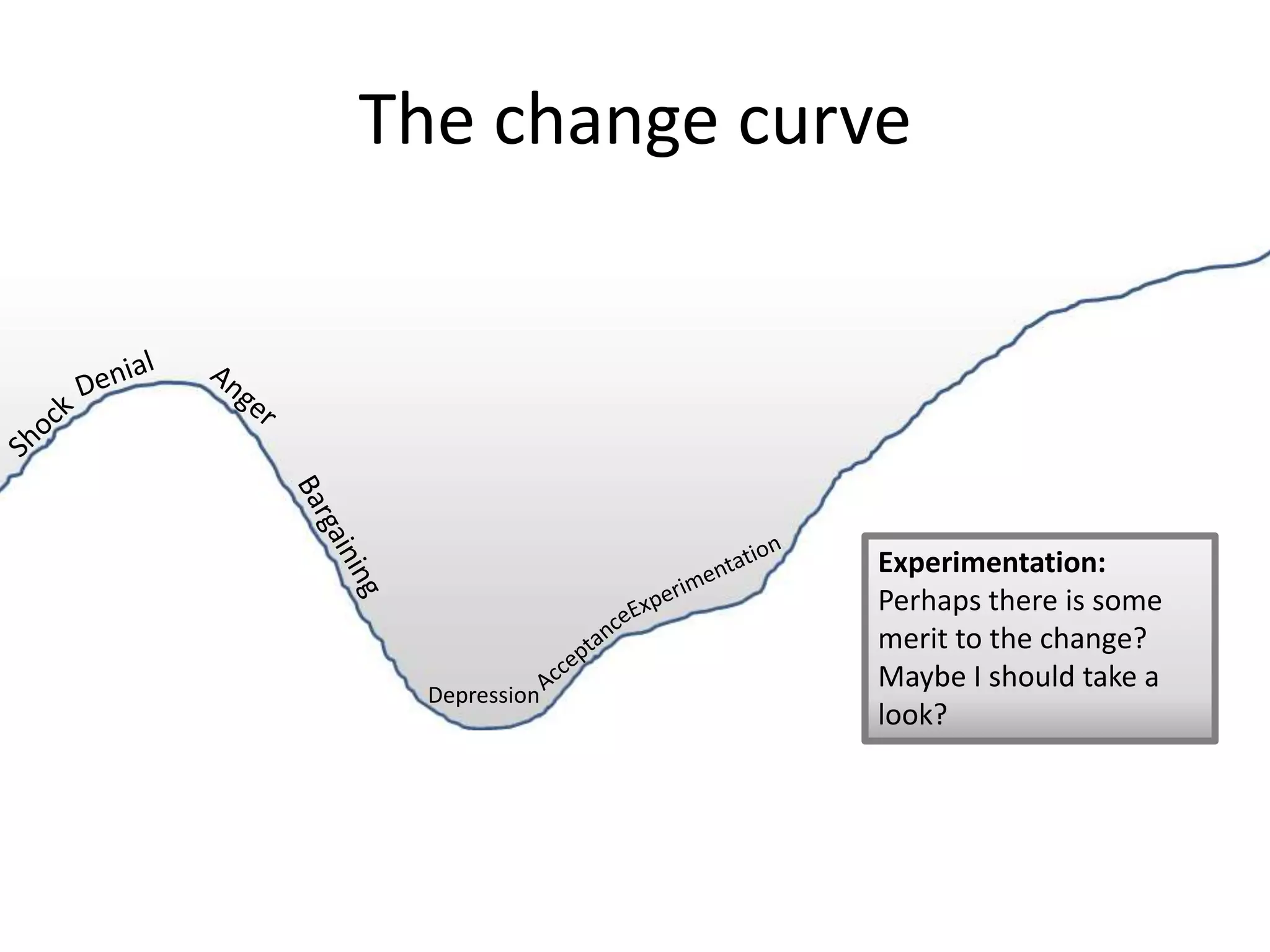 The change curve




               Experimentation:
               Perhaps there is some
               merit to the change?
               Maybe I should take a
  Depression
               look?
 