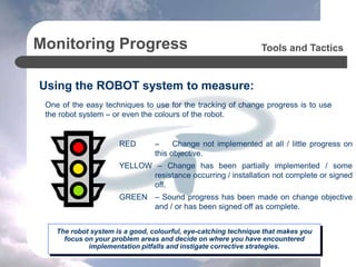 Monitoring Progress
Using the ROBOT system to measure:
Tools and Tactics
The robot system is a good, colourful, eye-catching technique that makes you
focus on your problem areas and decide on where you have encountered
implementation pitfalls and instigate corrective strategies.
RED – Change not implemented at all / little progress on
this objective.
YELLOW – Change has been partially implemented / some
resistance occurring / installation not complete or signed
off.
GREEN – Sound progress has been made on change objective
and / or has been signed off as complete.
One of the easy techniques to use for the tracking of change progress is to use
the robot system – or even the colours of the robot.
 