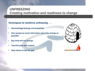 UNFREEZING
Creating motivation and readiness to change
Techniques to reinforce unfreezing . . .
• Acknowledge feelings and empathise
• Give people as much information about the change as
possible
• Say what will not change
• Treat the past with respect
• Help others to see the gap
 