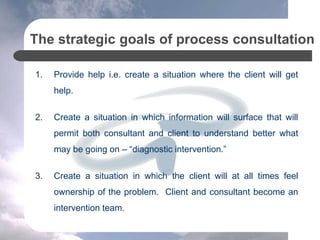 The strategic goals of process consultation
1. Provide help i.e. create a situation where the client will get
help.
2. Create a situation in which information will surface that will
permit both consultant and client to understand better what
may be going on – “diagnostic intervention.”
3. Create a situation in which the client will at all times feel
ownership of the problem. Client and consultant become an
intervention team.
 