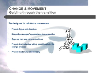 CHANGE & MOVEMENT
Guiding through the transition
Techniques to reinforce movement . . .
• Provide focus and direction
• Strengthen peoples' connections to one another
• Open up two way communications
• Provide the individual with a specific role in the
change process
• Provide leadership and tenacity
 