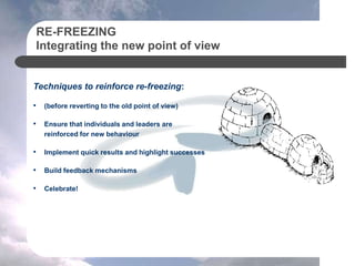 RE-FREEZING
Integrating the new point of view
Techniques to reinforce re-freezing:
• (before reverting to the old point of view)
• Ensure that individuals and leaders are
reinforced for new behaviour
• Implement quick results and highlight successes
• Build feedback mechanisms
• Celebrate!
 