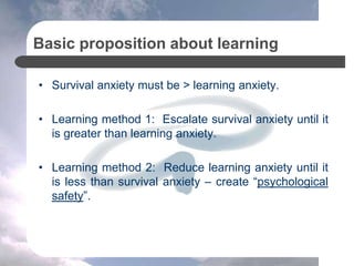 Basic proposition about learning
• Survival anxiety must be > learning anxiety.
• Learning method 1: Escalate survival anxiety until it
is greater than learning anxiety.
• Learning method 2: Reduce learning anxiety until it
is less than survival anxiety – create “psychological
safety”.
 