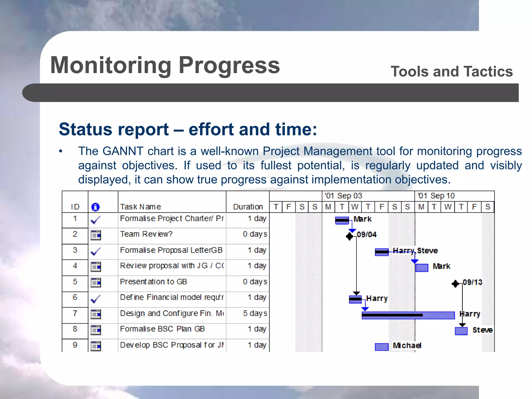 Monitoring Progress
Status report – effort and time:
• The GANNT chart is a well-known Project Management tool for monitoring progress
against objectives. If used to its fullest potential, is regularly updated and visibly
displayed, it can show true progress against implementation objectives.
Tools and Tactics
 