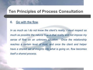 Ten Principles of Process Consultation
7. Timing is crucial.
Over and over I have learned that the introduction of my
pers...