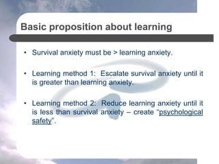 How to reduce learning anxiety and
create “psychological safety”
• Involve the “change targets” in all the steps of the le...