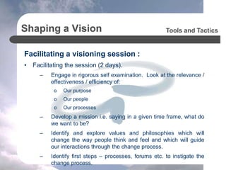 Shaping a Vision
To what extent :
• has a vision be clearly articulated for the project?
• is the vision simple and straig...
