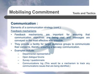 Mobilising Commitment
Communication :
Elements of a communication strategy (cont.):
Barriers to effective communication
• ...