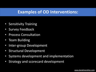 Examples of OD Interventions: 
• Sensitivity Training 
• Survey Feedback 
• Process Consultation 
• Team Building 
• Inter...