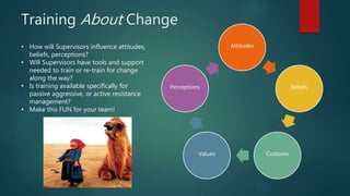 Training About Change
• How will Supervisors influence attitudes,
beliefs, perceptions?
• Will Supervisors have tools and support
needed to train or re-train for change
along the way?
• Is training available specifically for
passive aggressive, or active resistance
management?
• Make this FUN for your team!
Attitudes
Beliefs
CustomsValues
Perceptions
 