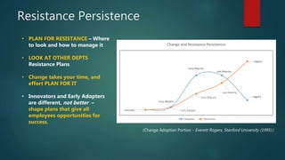 Resistance Persistence
• PLAN FOR RESISTANCE – Where
to look and how to manage it
• LOOK AT OTHER DEPTS
Resistance Plans
• Change takes your time, and
effort PLAN FOR IT
• Innovators and Early Adopters
are different, not better –
shape plans that give all
employees opportunities for
success.
(Change Adoption Portion - Everett Rogers, Stanford University (1995).)
Innovator
Early Adopter
Early Majority
Late Majority
Laggard
Early Adopter
Early Majority
Late Majority
Laggard
Change and Resistance Persistence
Adoption Resistance
 