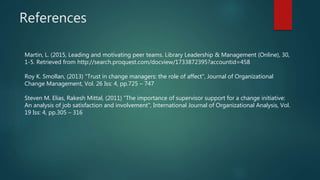 References
Martin, L. (2015, Leading and motivating peer teams. Library Leadership & Management (Online), 30,
1-5. Retrieved from http://search.proquest.com/docview/1733872395?accountid=458
Roy K. Smollan, (2013) "Trust in change managers: the role of affect", Journal of Organizational
Change Management, Vol. 26 Iss: 4, pp.725 – 747
Steven M. Elias, Rakesh Mittal, (2011) "The importance of supervisor support for a change initiative:
An analysis of job satisfaction and involvement", International Journal of Organizational Analysis, Vol.
19 Iss: 4, pp.305 – 316
 