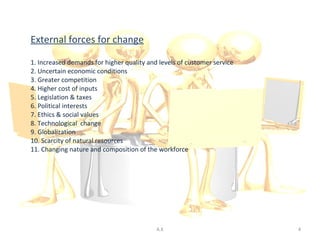 External forces for change

1. Increased demands for higher quality and levels of customer service
2. Uncertain economic conditions
3. Greater competition
4. Higher cost of inputs
5. Legislation & taxes
6. Political interests
7. Ethics & social values
8. Technological change
9. Globalization
10. Scarcity of natural resources
11. Changing nature and composition of the workforce




                                           A.K                           4
 