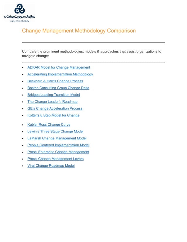 Change management methodologies comparison | PDF