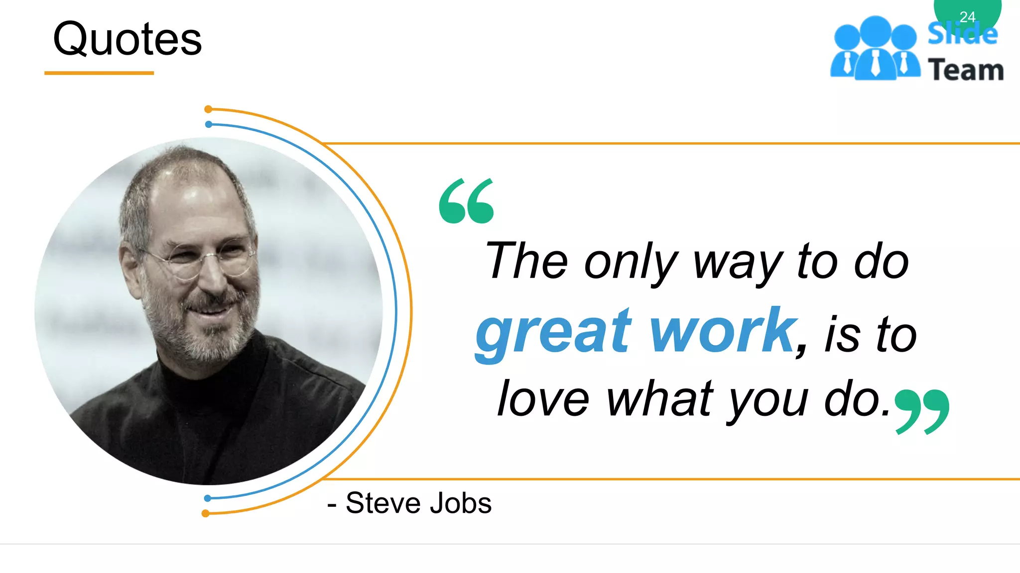 Quotes
24
- Steve Jobs
The only way to do
great work, is to
love what you do.
 