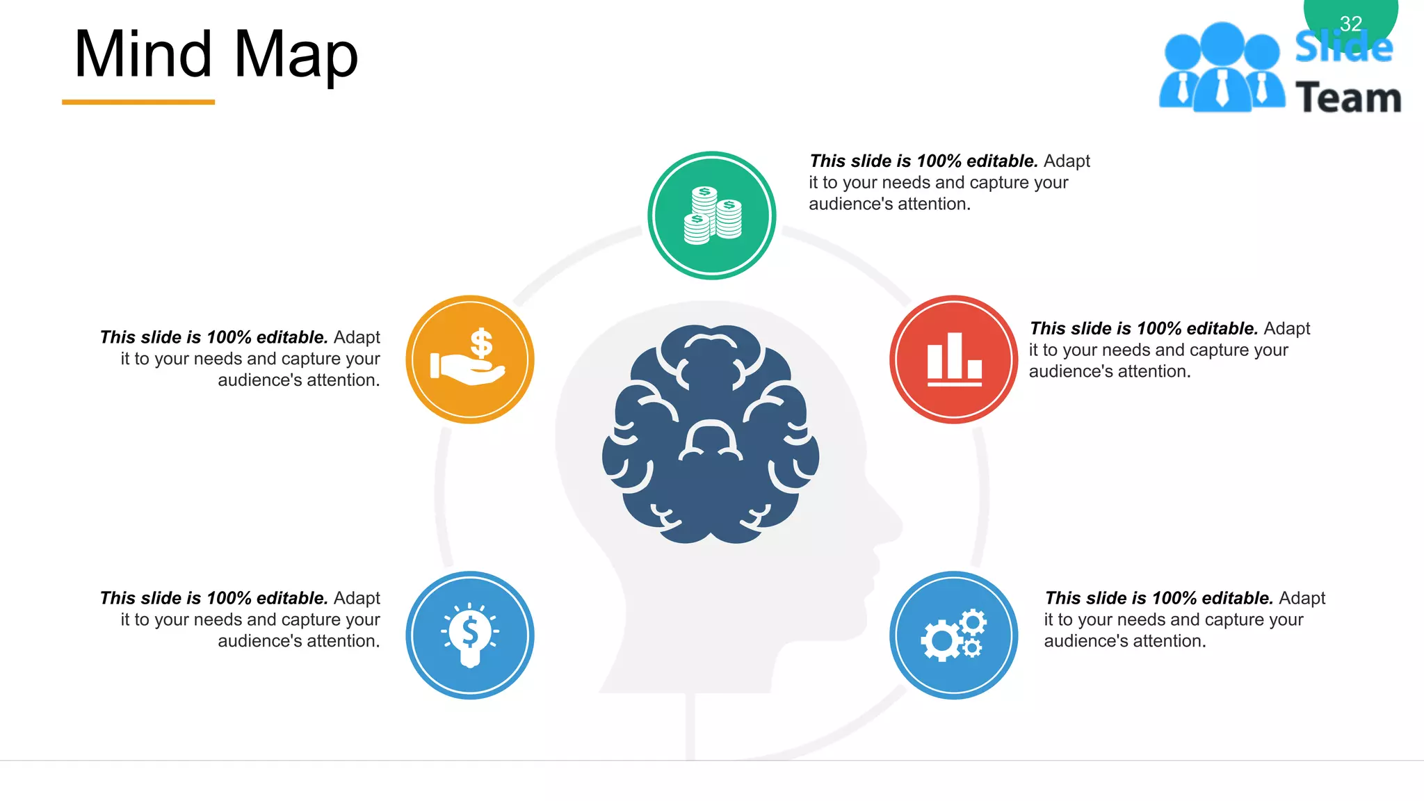 Mind Map
32
This slide is 100% editable. Adapt
it to your needs and capture your
audience's attention.
This slide is 100% editable. Adapt
it to your needs and capture your
audience's attention.
This slide is 100% editable. Adapt
it to your needs and capture your
audience's attention.
This slide is 100% editable. Adapt
it to your needs and capture your
audience's attention.
This slide is 100% editable. Adapt
it to your needs and capture your
audience's attention.
 