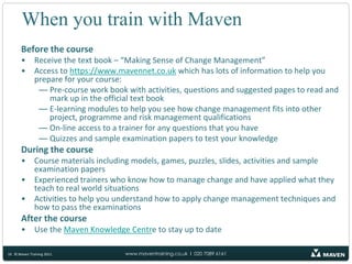 Benefits of change managementClarification of the roles and responsibilities of all those involved in the change effort, ensuring that those with the most relevant skills and experience are given appropriate activities to manageReduction in the number of ‘failed’ change initiatives and the waste of resources involved in making changes that ‘run out of steam’ or get overtaken by other events which had not been assessed when the change was conceivedReduction in the level of activity that is duplication of effort or that is running at cross purposes to other changes being made elsewhere in the organisationFaster implementation of change as those involved have the confidence to know where to get started and who to involve, and can estimate with greater certainty the impact on their workloads and the level of impact in their departmentsWhite Papers