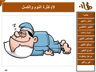 ‫مقدمه‬
‫والتغ‬ ‫ر‬ُّ‫ي‬‫التغ‬‫يير‬
‫التنظ‬ ‫التغيير‬‫يمي‬
‫وأهداف‬ ‫أهمية‬
‫التغي‬ ‫خصائص‬‫ير‬
‫التغيير‬ ‫دوافع‬
‫التغيير‬ ‫أنواع‬
‫وخطوات‬ ‫مراحل‬
‫وأتغير‬ ‫غير‬
9)‫كثرة‬‫والكسل‬ ‫النوم‬
100
 