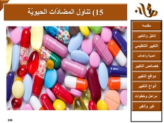 ‫مقدمه‬
‫والتغ‬ ‫ر‬ُّ‫ي‬‫التغ‬‫يير‬
‫التنظ‬ ‫التغيير‬‫يمي‬
‫وأهداف‬ ‫أهمية‬
‫التغي‬ ‫خصائص‬‫ير‬
‫التغيير‬ ‫دوافع‬
‫التغيير‬ ‫أنواع‬
‫وخطوات‬ ‫مراحل‬
‫وأتغير‬ ‫غير‬
15)‫ة‬‫الحيوي‬ ‫ات‬‫المضاد‬ ‫تناول‬
106
 