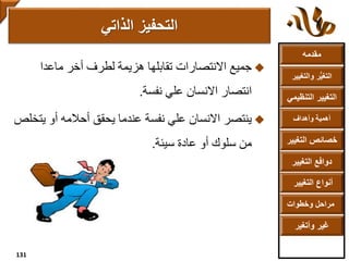 ‫مقدمه‬
‫والتغ‬ ‫ر‬ُّ‫ي‬‫التغ‬‫يير‬
‫التنظ‬ ‫التغيير‬‫يمي‬
‫وأهداف‬ ‫أهمية‬
‫التغي‬ ‫خصائص‬‫ير‬
‫التغيير‬ ‫دوافع‬
‫التغيير‬ ‫أنواع‬
‫وخطوات‬ ‫مراحل‬
‫وأتغير‬ ‫غير‬
‫ماعدا‬ ‫أخر‬ ‫لطرف‬ ‫هزيمة‬ ‫تقابلها‬ ‫االنتصارات‬ ‫جميع‬
‫نفسة‬ ‫علي‬ ‫االنسان‬ ‫انتصار‬.
‫ي‬ ‫أو‬ ‫أحالمه‬ ‫يحقق‬ ‫عندما‬ ‫نفسة‬ ‫علي‬ ‫االنسان‬ ‫ينتصر‬‫تخلص‬
‫سيئة‬ ‫عادة‬ ‫أو‬ ‫سلوك‬ ‫من‬.
‫الذاتي‬ ‫التحفيز‬
131
 