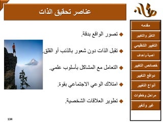 ‫مقدمه‬
‫والتغ‬ ‫ر‬ُّ‫ي‬‫التغ‬‫يير‬
‫التنظ‬ ‫التغيير‬‫يمي‬
‫وأهداف‬ ‫أهمية‬
‫التغي‬ ‫خصائص‬‫ير‬
‫التغيير‬ ‫دوافع‬
‫التغيير‬ ‫أنواع‬
‫وخطوات‬ ‫مراحل‬
‫وأتغير‬ ‫غير‬
‫بدقة‬ ‫الواقع‬ ‫تصور‬.
‫القلق‬ ‫أو‬ ‫بالذنب‬ ‫شعور‬ ‫دون‬ ‫الذات‬ ‫تقبل‬.
‫علمي‬ ‫بأسلوب‬ ‫المشاكل‬ ‫مع‬ ‫التعامل‬.
‫بقوة‬ ‫االجتماعي‬ ‫الوعي‬ ‫امتالك‬.
‫الشخصية‬ ‫العالقات‬ ‫تطوير‬.
‫الذات‬ ‫تحقيق‬ ‫عناصر‬
134
 