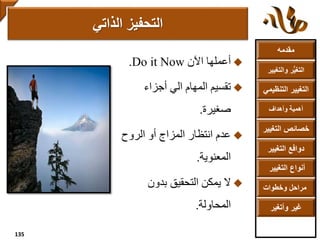 ‫مقدمه‬
‫والتغ‬ ‫ر‬ُّ‫ي‬‫التغ‬‫يير‬
‫التنظ‬ ‫التغيير‬‫يمي‬
‫وأهداف‬ ‫أهمية‬
‫التغي‬ ‫خصائص‬‫ير‬
‫التغيير‬ ‫دوافع‬
‫التغيير‬ ‫أنواع‬
‫وخطوات‬ ‫مراحل‬
‫وأتغير‬ ‫غير‬
‫اآلن‬ ‫أعملها‬Do it Now.
‫أجزاء‬ ‫الي‬ ‫المهام‬ ‫تقسيم‬
‫صغيرة‬.
‫الروح‬ ‫أو‬ ‫المزاج‬ ‫انتظار‬ ‫عدم‬
‫المعنوية‬.
‫بدون‬ ‫التحقيق‬ ‫يمكن‬ ‫ال‬
‫المحاولة‬.
‫الذاتي‬ ‫التحفيز‬
135
 