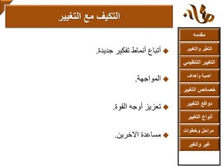 ‫مقدمه‬
‫والتغ‬ ‫ر‬ُّ‫ي‬‫التغ‬‫يير‬
‫التنظ‬ ‫التغيير‬‫يمي‬
‫وأهداف‬ ‫أهمية‬
‫التغي‬ ‫خصائص‬‫ير‬
‫التغيير‬ ‫دوافع‬
‫التغيير‬ ‫أنواع‬
‫وخطوات‬ ‫مراحل‬
‫وأتغير‬ ‫غير‬
‫جديدة‬ ‫تفكير‬ ‫أنماط‬ ‫أتباع‬.
‫المواجهة‬.
‫القوة‬ ‫أوجه‬ ‫تعزيز‬.
‫االخرين‬ ‫مساعدة‬.
‫التغيير‬ ‫مع‬ ‫التكيف‬
 