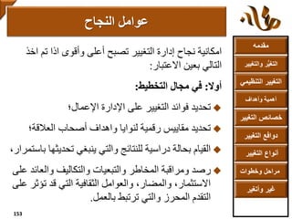 ‫مقدمه‬
‫والتغ‬ ‫ر‬ُّ‫ي‬‫التغ‬‫يير‬
‫التنظ‬ ‫التغيير‬‫يمي‬
‫وأهداف‬ ‫أهمية‬
‫التغي‬ ‫خصائص‬‫ير‬
‫التغيير‬ ‫دوافع‬
‫التغيير‬ ‫أنواع‬
‫وخطوات‬ ‫مراحل‬
‫وأتغير‬ ‫غير‬
‫امكانية‬‫ا‬ ‫تم‬ ‫اذا‬ ‫وأقوى‬ ‫أعلى‬ ‫تصبح‬ ‫التغيير‬ ‫إدارة‬ ‫نجاح‬‫خذ‬
‫االعتبار‬ ‫بعين‬ ‫التالي‬:
‫أوال‬:‫في‬‫التخطيط‬ ‫مجال‬:
‫اإلعمال؛‬ ‫اإلدارة‬ ‫على‬ ‫التغيير‬ ‫فوائد‬ ‫تحديد‬
‫العالقة؛‬ ‫أصحاب‬ ‫واهداف‬ ‫لنوايا‬ ‫رقمية‬ ‫مقاييس‬ ‫تحديد‬
‫تحدي‬ ‫ينبغي‬ ‫والتي‬ ‫للنتائج‬ ‫دراسية‬ ‫بحالة‬ ‫القيام‬،‫باستمرار‬ ‫ثها‬
‫والعا‬ ‫والتكاليف‬ ‫والتبعيات‬ ‫المخاطر‬ ‫ومراقبة‬ ‫رصد‬‫على‬ ‫ئد‬
‫ت‬ ‫قد‬ ‫التي‬ ‫الثقافية‬ ‫والعوامل‬ ،‫والمضار‬ ،‫االستثمار‬‫على‬ ‫ؤثر‬
‫بالعمل‬ ‫ترتبط‬ ‫والتي‬ ‫المحرز‬ ‫التقدم‬.
‫عوامل‬‫النجاح‬
153
 