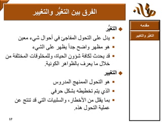 ‫مقدمه‬
‫والتغ‬ ‫ر‬ُّ‫ي‬‫التغ‬‫يير‬
‫ر‬ُّ‫ي‬‫التغ‬
‫على‬ ‫يدل‬‫شيء‬ ‫أحوال‬ ‫في‬ ‫المفاجئ‬ ‫التحول‬‫معين‬
‫هو‬‫على‬ ‫يظهر‬ ً‫ا‬‫جد‬ ‫واضح‬ ‫مظهر‬‫الشيء‬
‫قد‬‫المخت‬ ‫وللمخلوقات‬ ،‫الحياة‬ ‫شؤون‬ ‫لكافة‬ ‫يحدث‬‫من‬ ‫لفة‬
‫الكونية‬ ‫بالظواهر‬ ‫يعرف‬ ‫ما‬ ‫خالل‬.
‫التغيير‬
‫هو‬‫الممنهج‬ ‫التحول‬‫المدروس‬
‫الذي‬‫بشكل‬ ‫تخطيطه‬ ‫يتم‬‫حرفي‬
‫بما‬‫تنتج‬ ‫قد‬ ‫التي‬ ‫والسلبيات‬ ،‫األخطار‬ ‫من‬ ‫يقلل‬‫عن‬
‫هذه‬ ‫التحول‬ ‫عملية‬.
‫والتغيير‬ ‫ر‬ُّ‫ي‬‫التغ‬ ‫بين‬ ‫الفرق‬
17
 