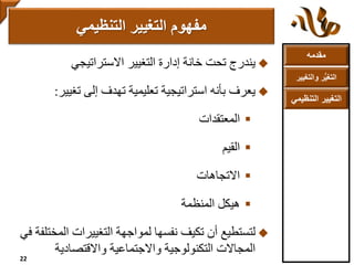 ‫مقدمه‬
‫والتغ‬ ‫ر‬ُّ‫ي‬‫التغ‬‫يير‬
‫التنظ‬ ‫التغيير‬‫يمي‬
‫تحت‬ ‫يندرج‬‫التغيير‬ ‫إدارة‬ ‫خانة‬‫االستراتيجي‬
‫يعرف‬‫إلى‬ ‫تهدف‬ ‫تعليمية‬ ‫استراتيجية‬ ‫بأنه‬‫تغيي‬‫ر‬:
‫المعتقدات‬
‫القيم‬
‫االتجاهات‬
‫المنظمة‬ ‫هيكل‬
‫لتستطيع‬‫الم‬ ‫التغييرات‬ ‫لمواجهة‬ ‫نفسها‬ ‫تكيف‬ ‫أن‬‫في‬ ‫ختلفة‬
‫واالجتماعية‬ ‫التكنولوجية‬ ‫المجاالت‬‫واالقتصادية‬
‫التنظيمي‬ ‫التغيير‬ ‫مفهوم‬
22
 