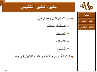 ‫مقدمه‬
‫والتغ‬ ‫ر‬ُّ‫ي‬‫التغ‬‫يير‬
‫التنظ‬ ‫التغيير‬‫يمي‬
‫هو‬‫يحصل‬ ‫الذي‬ ‫ل‬ ّ‫التحو‬‫في‬:
‫المنظمة‬ ‫نشاطات‬
‫العمليات‬
‫األهداف‬
‫العاملين‬
ً‫ة‬‫استجاب‬‫لقوى‬ً‫ا‬‫وغالب‬ ‫ضاغطة‬‫تكون‬ ‫ما‬‫خارجية‬
‫التنظيمي‬ ‫التغيير‬ ‫مفهوم‬
23
 