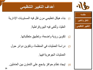 ‫مقدمه‬
‫والتغ‬ ‫ر‬ُّ‫ي‬‫التغ‬‫يير‬
‫التنظ‬ ‫التغيير‬‫يمي‬
(1‫بناء‬‫اإلد‬ ‫المستويات‬ ‫فيه‬ ‫تقل‬ ‫مرن‬ ‫تنظيمي‬ ‫هيكل‬‫ارية‬
‫البيروقراطية‬ ‫فيه‬ ‫لغى‬ُ‫ت‬‫و‬ ،‫العليا‬.
(2‫تكوين‬‫متطلباتها‬ ‫وتطبيق‬ ،‫واضحة‬ ‫رؤية‬.
(3‫دراسة‬‫حول‬ ‫دوائر‬ ‫وتكوين‬ ،‫المنظمة‬ ‫في‬ ‫العمليات‬
‫فيها‬ ‫الجوهرية‬ ‫العمليات‬.
(4‫إيجاد‬‫العاملي‬ ‫بين‬ ‫التعاون‬ ‫على‬ ‫يشجع‬ ‫حوافز‬ ‫نظام‬‫ن‬.
‫التنظيمي‬ ‫التغيير‬ ‫أهداف‬
26
 