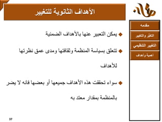 ‫مقدمه‬
‫والتغ‬ ‫ر‬ُّ‫ي‬‫التغ‬‫يير‬
‫التنظ‬ ‫التغيير‬‫يمي‬
‫وأهداف‬ ‫أهمية‬
‫يمكن‬‫باألهداف‬ ‫عنها‬ ‫التعبير‬‫الضمنية‬
‫تتعلق‬‫نظرت‬ ‫عمق‬ ‫ومدى‬ ‫وثقافتها‬ ‫المنظمة‬ ‫بسياسة‬‫ها‬
‫لألهداف‬
‫سواء‬‫يض‬ ‫ال‬ ‫فانه‬ ‫بعضها‬ ‫أو‬ ‫جميعها‬ ‫األهداف‬ ‫هذه‬ ‫تحققت‬‫ر‬
‫معتد‬ ‫بمقدار‬ ‫بالمنظمة‬‫به‬
‫الثانوية‬ ‫األهداف‬‫للتغيير‬
37
 