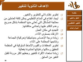 ‫مقدمه‬
‫والتغ‬ ‫ر‬ُّ‫ي‬‫التغ‬‫يير‬
‫التنظ‬ ‫التغيير‬‫يمي‬
‫وأهداف‬ ‫أهمية‬
(1‫تطوير‬‫للتطوير‬ ‫ذاتي‬ ‫نظام‬‫والتغيير‬.
(2‫أيجاد‬‫الع‬ ‫كافة‬ ‫يمكن‬ ‫التنظيمي‬ ‫المناخ‬ ‫في‬ ‫انفتاح‬‫من‬ ‫املين‬
‫ص‬ ‫بشكل‬ ‫المنظمة‬ ‫منها‬ ‫تعاني‬ ‫التي‬ ‫المشاكل‬ ‫معالجة‬‫ريح‬
‫وتحاشي‬ ‫عليها‬ ‫التكتم‬ ‫وعدم‬‫مناقشتها‬.
(3‫التجديد‬‫مكان‬ ‫في‬‫العمل‬.
(4‫االرتقاء‬‫بمستوى‬‫األداء‬.
(5‫زيادة‬‫بديناميكية‬ ‫اإلحساس‬ ‫درجة‬(‫حركية‬)‫الجماعة‬
‫األداء‬ ‫على‬ ‫المحتلمة‬ ‫ونتائجها‬
(6‫تطوير‬‫ا‬ ‫في‬ ‫السلوكية‬ ‫واألنماط‬ ‫والقيم‬ ‫المعتقدات‬‫لمنظمة‬
‫بفعالية‬ ‫لمنشودة‬ ‫وغاياتها‬ ‫رسالتها‬ ‫لتحقيق‬
(7‫زيادة‬‫مرون‬ ‫اكثر‬ ‫وجعلهم‬ ‫للتغيير‬ ‫األفراد‬ ‫استعداد‬‫لتقبل‬ ‫ة‬
‫السابق‬ ‫من‬ ‫التغير‬.
‫الثانوية‬ ‫األهداف‬‫للتغيير‬
38
 