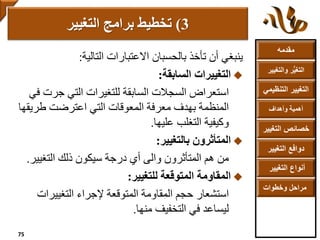 ‫مقدمه‬
‫والتغ‬ ‫ر‬ُّ‫ي‬‫التغ‬‫يير‬
‫التنظ‬ ‫التغيير‬‫يمي‬
‫وأهداف‬ ‫أهمية‬
‫التغي‬ ‫خصائص‬‫ير‬
‫التغيير‬ ‫دوافع‬
‫التغيير‬ ‫أنواع‬
‫وخطوات‬ ‫مراحل‬
‫ينبغي‬‫االعتبارات‬ ‫بالحسبان‬ ‫تأخذ‬ ‫أن‬‫التالية‬:
‫التغييرات‬‫السابقة‬:
‫استعراض‬‫جرت‬ ‫التي‬ ‫للتغيرات‬ ‫السابقة‬ ‫السجالت‬‫في‬
‫طريق‬ ‫اعترضت‬ ‫التي‬ ‫المعوقات‬ ‫معرفة‬ ‫بهدف‬ ‫المنظمة‬‫ها‬
‫التغلب‬ ‫وكيفية‬‫عليها‬.
‫المتأثرون‬‫بالتغيير‬:
‫من‬‫المتأثرون‬ ‫هم‬‫والى‬‫ذلك‬ ‫سيكون‬ ‫درجة‬ ‫أي‬‫التغيير‬.
‫المقاومة‬‫للتغيير‬ ‫المتوقعة‬:
‫استشعار‬‫التغييرات‬ ‫إلجراء‬ ‫المتوقعة‬ ‫المقاومة‬ ‫حجم‬
‫منها‬ ‫التخفيف‬ ‫في‬ ‫ليساعد‬.
3)‫التغيير‬ ‫برامج‬ ‫تخطيط‬
75
 