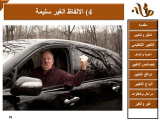 ‫مقدمه‬
‫والتغ‬ ‫ر‬ُّ‫ي‬‫التغ‬‫يير‬
‫التنظ‬ ‫التغيير‬‫يمي‬
‫وأهداف‬ ‫أهمية‬
‫التغي‬ ‫خصائص‬‫ير‬
‫التغيير‬ ‫دوافع‬
‫التغيير‬ ‫أنواع‬
‫وخطوات‬ ‫مراحل‬
‫وأتغير‬ ‫غير‬
4)‫سليمة‬ ‫الغير‬ ‫االلفاظ‬
95
 