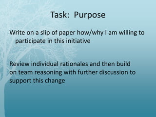 Task: Purpose
Write on a slip of paper how/why I am willing to
participate in this initiative
Review individual rationales and then build
on team reasoning with further discussion to
support this change
 