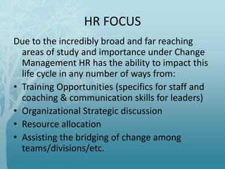 HR FOCUS
Due to the incredibly broad and far reaching
areas of study and importance under Change
Management HR has the ability to impact this
life cycle in any number of ways from:
• Training Opportunities (specifics for staff and
coaching & communication skills for leaders)
• Organizational Strategic discussion
• Resource allocation
• Assisting the bridging of change among
teams/divisions/etc.
 