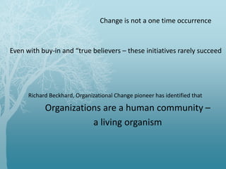 Richard Beckhard, Organizational Change pioneer has identified that
Organizations are a human community –
a living organism
Change is not a one time occurrence
Even with buy-in and “true believers – these initiatives rarely succeed
 