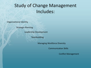 Study of Change Management
Includes:
Communication Skills
Conflict Management
Leadership Development
Organizational Identity
Managing Workforce Diversity
Teambuilding
Strategic Planning
 
