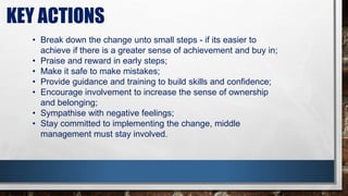 KEY ACTIONS
• Break down the change unto small steps - if its easier to
achieve if there is a greater sense of achievement and buy in;
• Praise and reward in early steps;
• Make it safe to make mistakes;
• Provide guidance and training to build skills and confidence;
• Encourage involvement to increase the sense of ownership
and belonging;
• Sympathise with negative feelings;
• Stay committed to implementing the change, middle
management must stay involved.
 