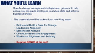 WHAT YOU’LL LEARN
• Specific change management strategies and guidance to help
ensure you can guide employees to a future state and achieve
business benefits.
• The presentation will be broken down into 5 key areas:
• Define and Build a Case for Change
• Leadership Alignment
• Stakeholder Analysis
• Communications and Engagement
• Workforce Alignment and Training
• Surprise BONUS at the end!
 