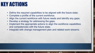 KEY ACTIONS
• Define the required capabilities to be aligned with the future state;
• Complete a profile of the current workforce;
• Align the current workforce with future needs and identify any gaps;
• Develop a strategy for addressing the gaps;
• Implement the appropriate actions to align the workforce capabilities
and competencies with the future state;
• Integrate with change management plan and related work streams.
 