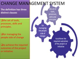 CHANGE MANAGEMENT SYSTEM
The definition has three
distinct clauses

the set of tools,
processes, skills and
principles.

...