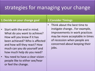 strategies for managing your change

1.Decide on your change goal        2.Consider Timings
                              ...