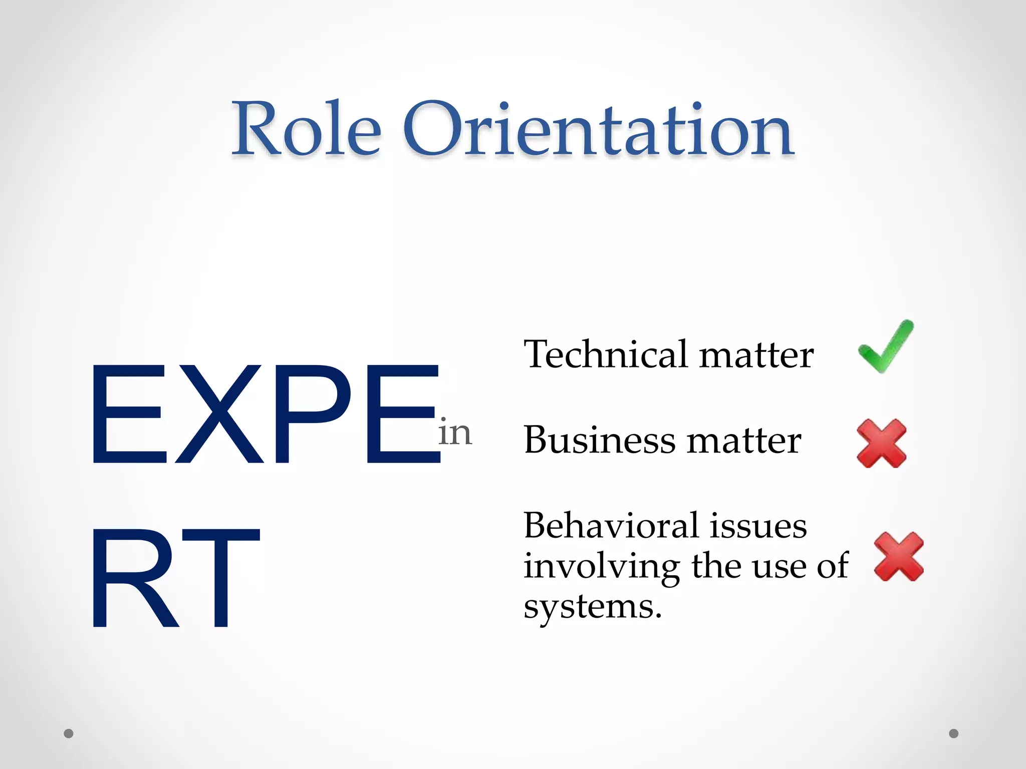 Role Orientation 
EXPE 
RT 
Technical matter 
in Business matter 
Behavioral issues 
involving the use of 
systems. 
 