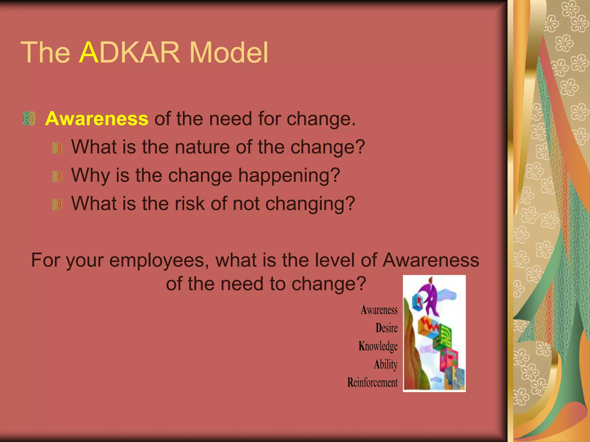 The ADKAR ModelAwareness of the need for change.	What is the nature of the change?Why is the change happening?What is the risk of not changing?For your employees, what is the level of Awareness of the need to change?