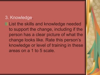 2. Desire. List the factors or consequences (good and bad) for this person that create a desire to change. Consider these motivating factors, including the person’s conviction in these factors and the associated consequences. Rate his/her desire to change on a 1 - 5 scale.