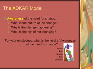 The ADKAR ModelAwareness of the need for change.	What is the nature of the change?Why is the change happening?What is the risk of not changing?For your employees, what is the level of Awareness of the need to change?