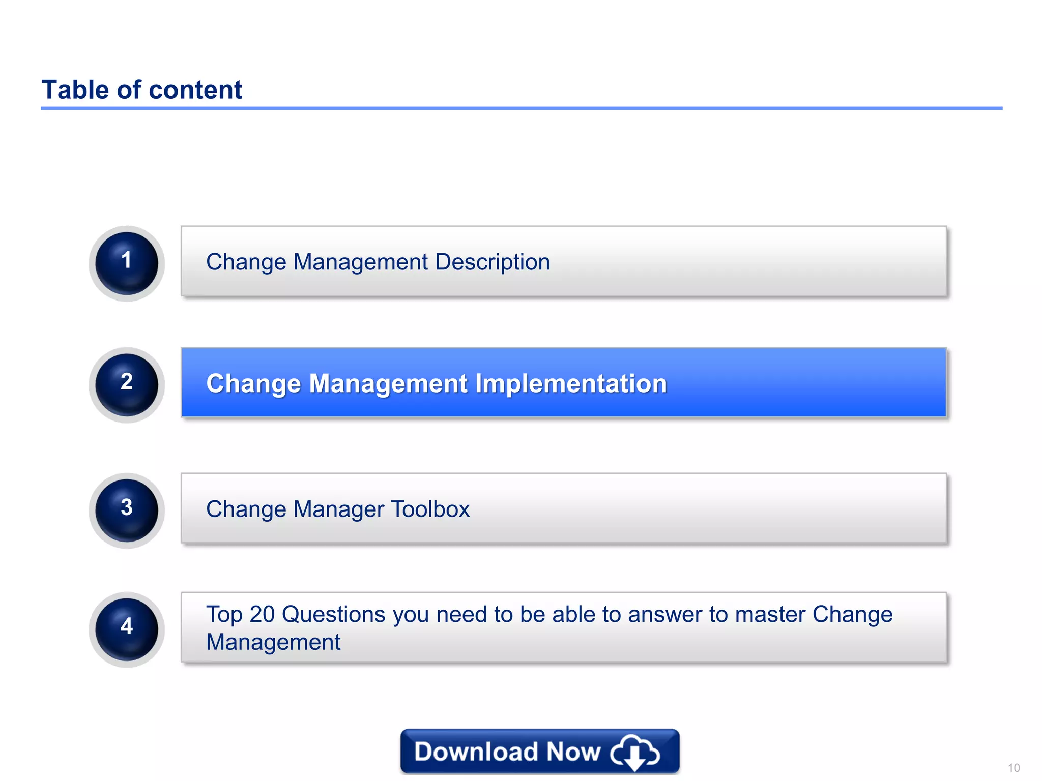 10
Table of content
Change Manager Toolbox3
Change Management Description1
Change Management Implementation2
Top 20 Questions you need to be able to answer to master Change
Management
4
 